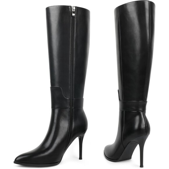 Women's Black Stiletto Knee High Closed Toe Long Boots Side Zipper Dress Boots - Picture 2 of 9
